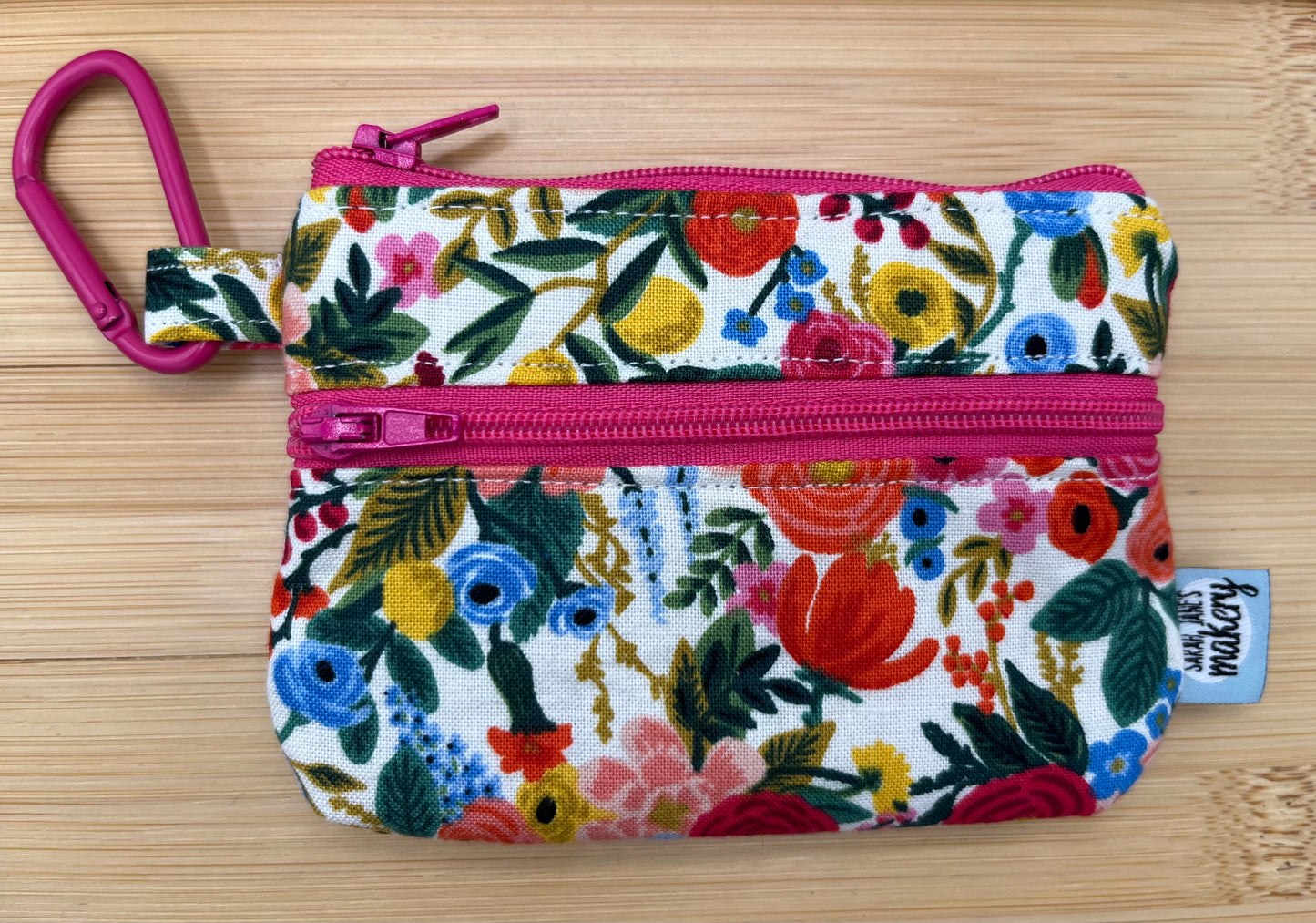 Floral Double Zipper Wallet with Carabiner